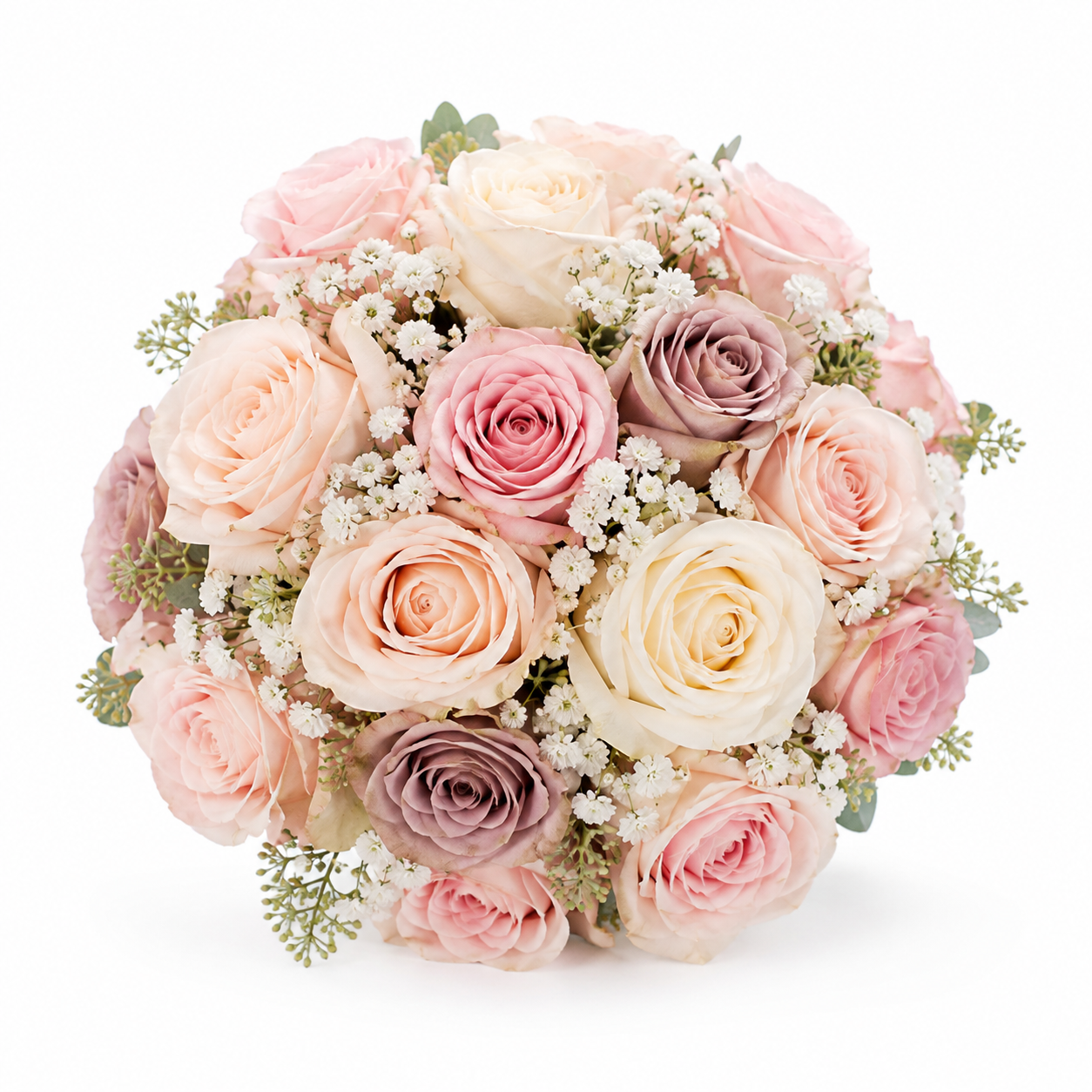 Bouquet da sposa a sfera con rose pastello e gypsophila &mdash; Napoli